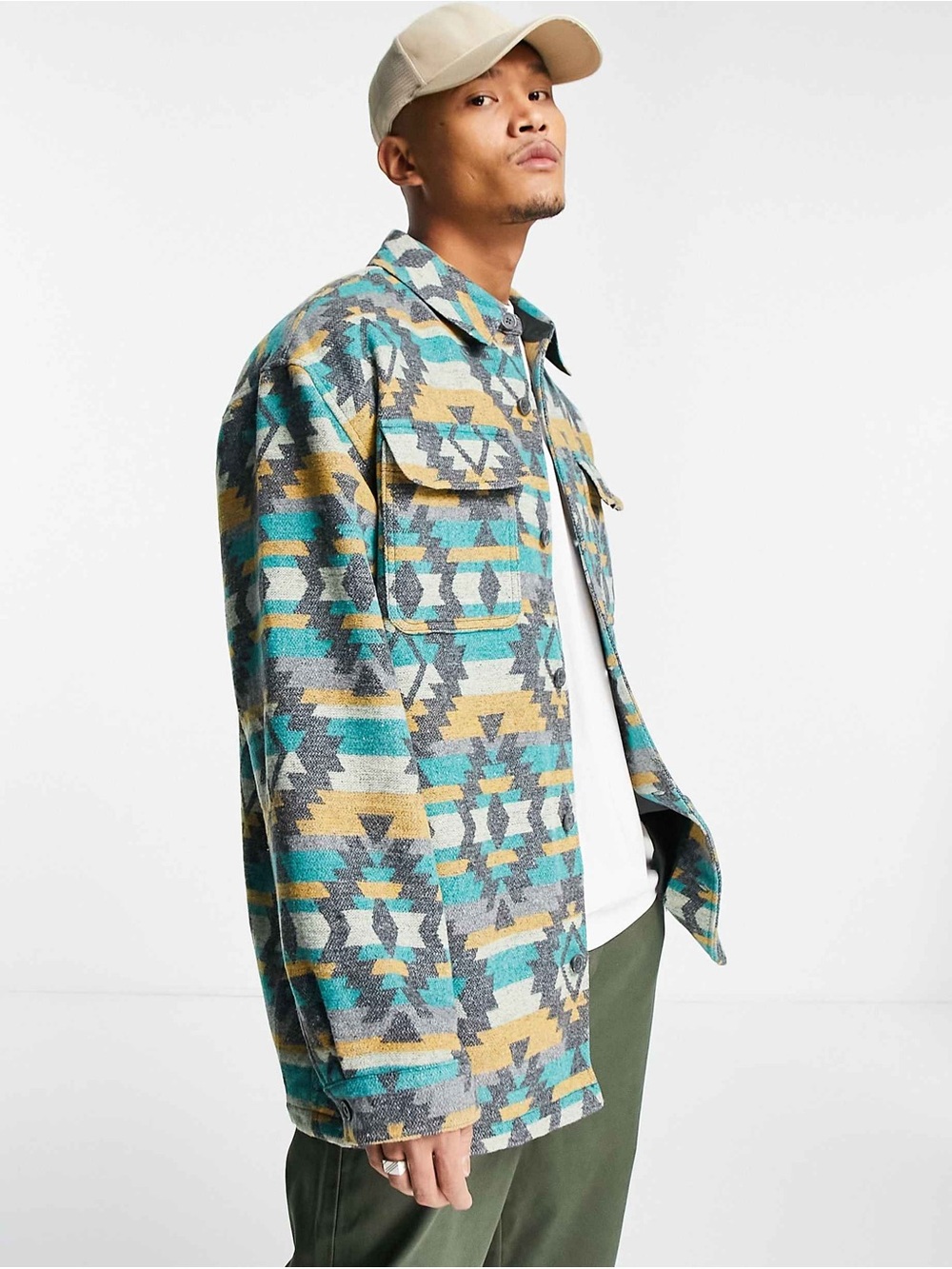 ASOS DESIGN Oversized Blue & Orange Aztec Print Shacket Mens Size Small